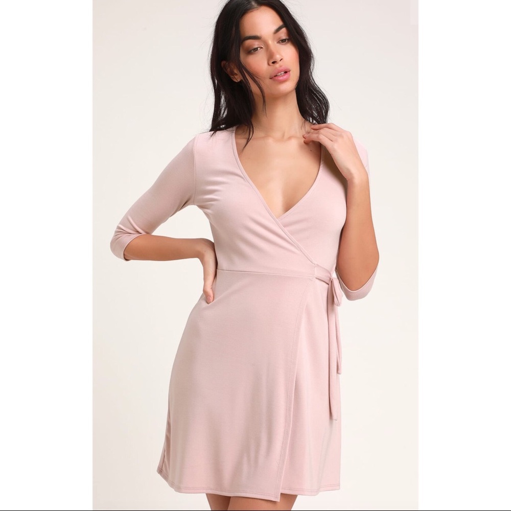 Light purple wrap dress.